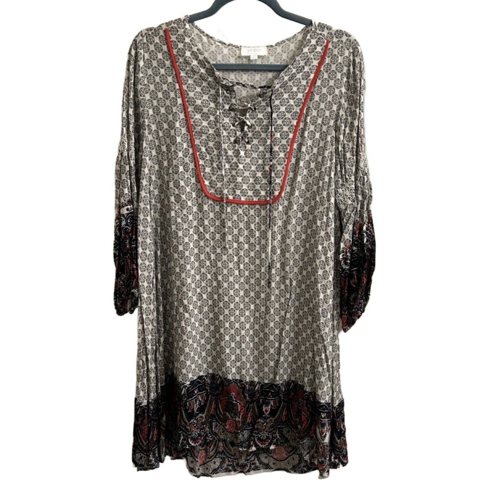Umgee USA Women’s Tunic Dress Embroidered Boho Hi Low Medallion Gathered Hem Med - Picture 2 of 8